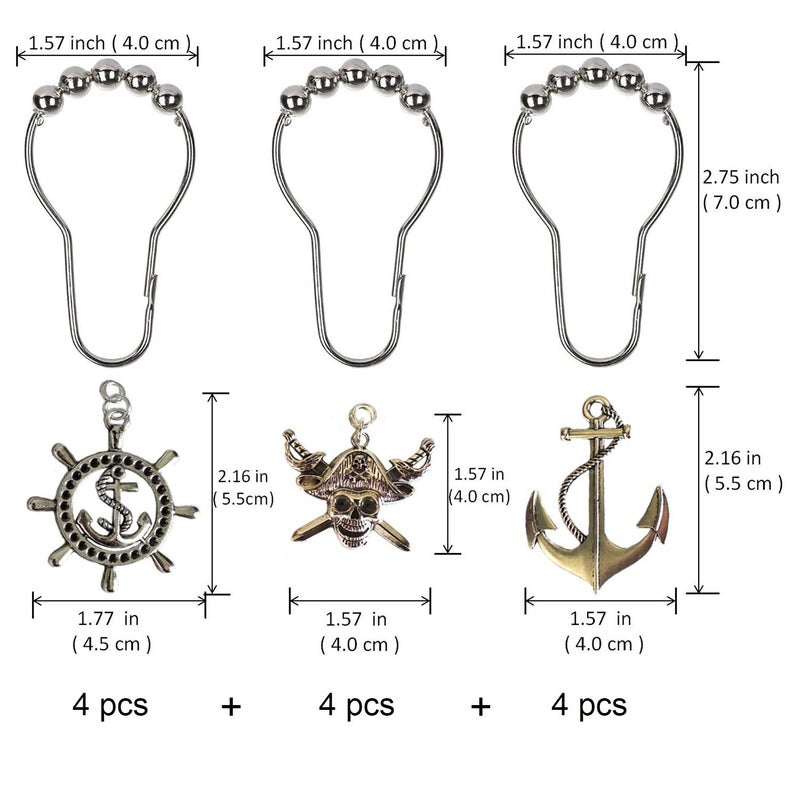 Aimoye Nautical Shower Curtain Hooks Rings - Pirate Skull Anchor Rudder Decorative Bathroom Accessories Set, Silver Metal Shower Hooks for Shower Curtain, Tropical Ocean Beach Sea Theme Bathroom Decor - Image 3